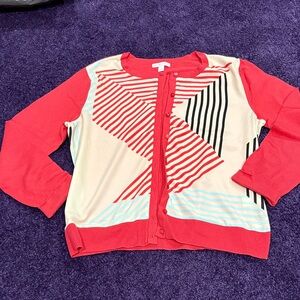 New York & Company Red and Cream Striped cardigan sweater